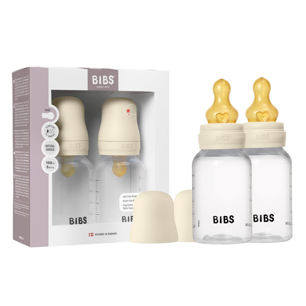 BIBS baby bottle 5oz ivory full bottle demonstrates compact newborn-friendly design for easy feeding.
