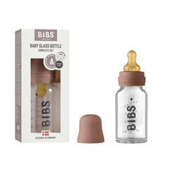 BIBS baby glass bottle anti-colic 110ml for steady feeding with Woodchuck design.