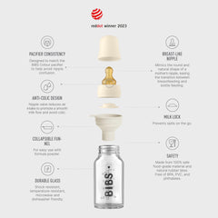 BIBS baby glass bottle 110ml ivory cap close-up showing leak-proof design