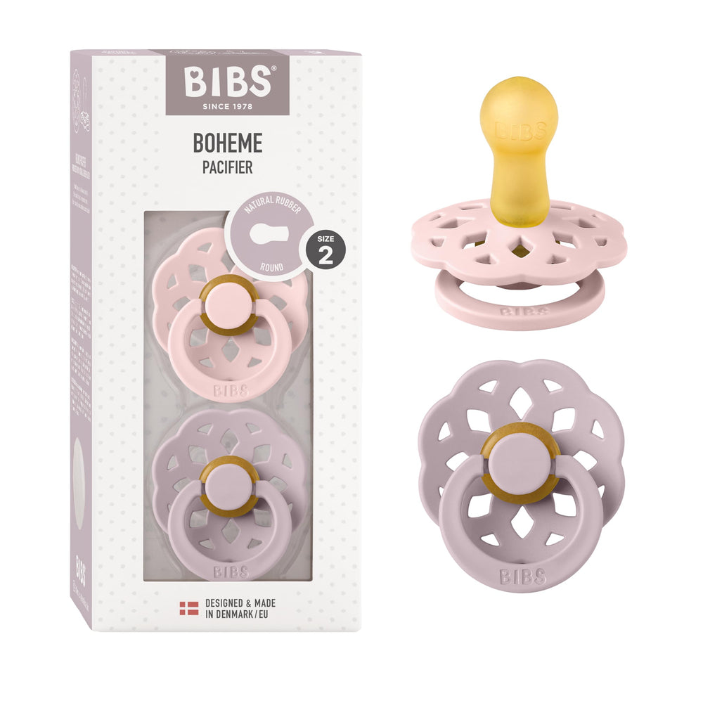 BIBS Boheme pacifiers set 2 in Blossom and Dusky Lilac aid soothing bedtime rituals