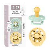 BIBS Colour Moomins pacifier two-pack in Nordic Mint and Pale Butter soothing baby naturally