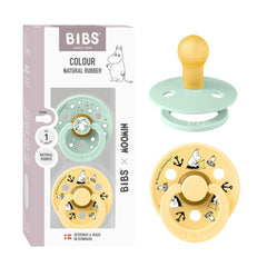 BIBS Colour Moomins pacifier two-pack in Nordic Mint and Pale Butter soothing baby naturally