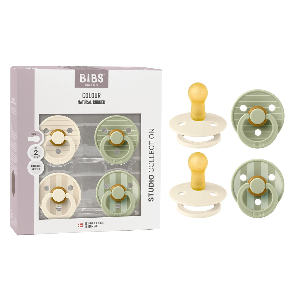 BIBS Colour Pacifier 4-pack ivory-sage close-up promoting soothing ease for baby