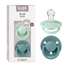 BIBS De Lux pacifier 2-pack in packaging for easy swaps during outings