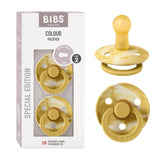 BIBS pacifier front view mustard ivory tie-dye supports baby self-soothing