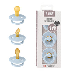 BIBS pacifiers 3-pack Ivory Baby-Blue collection promotes gentle soothing with timeless Danish design.