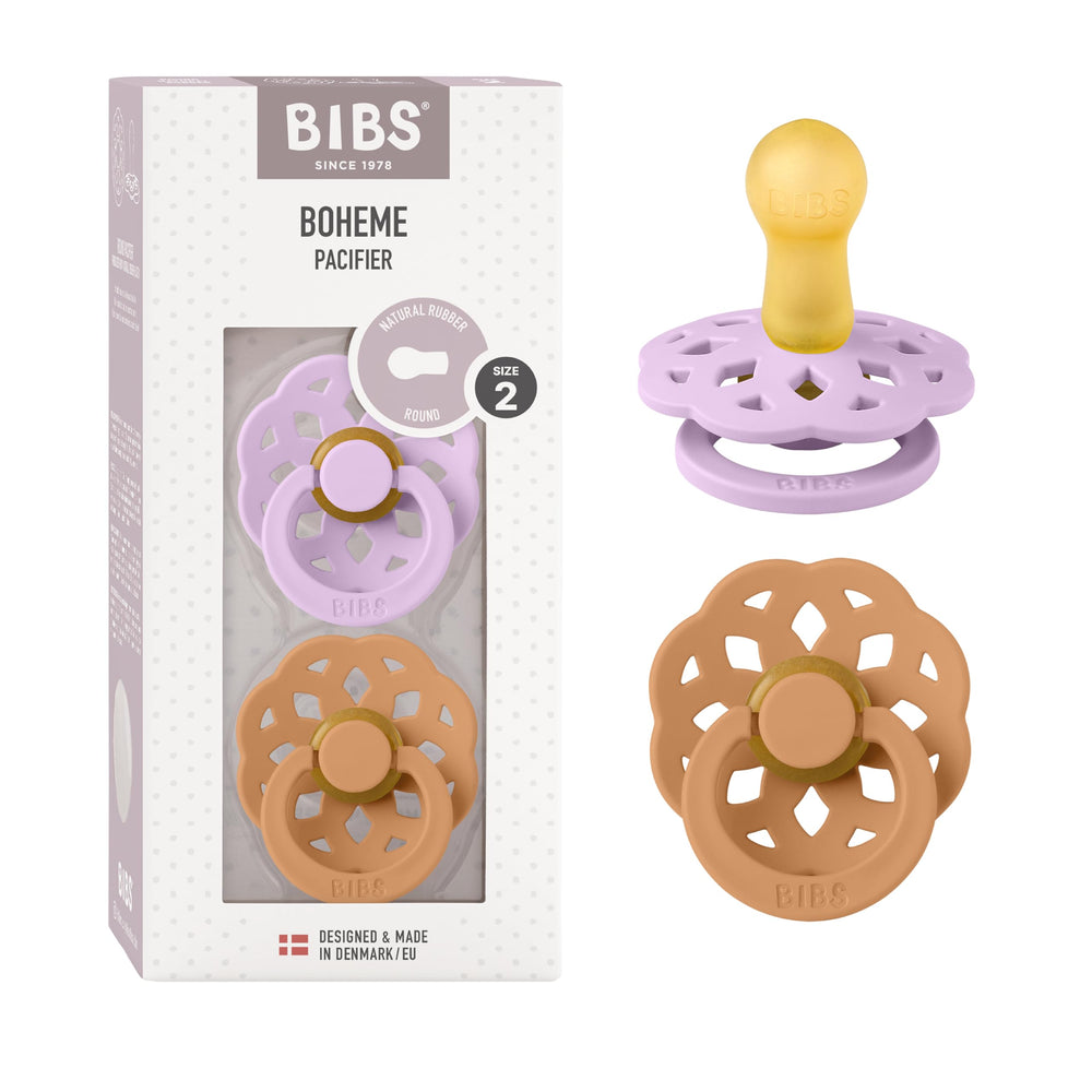 BIBS Pacifiers Boheme Violet Sky shows natural rubber latex for soothing comfort.