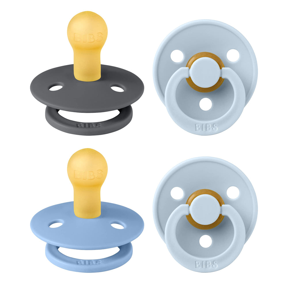 BIBS Colour 4 Pack blue pacifiers provide soothing comfort for babies.