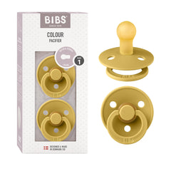 BIBS mustard pacifier pack of two highlighting soothing comfort.
