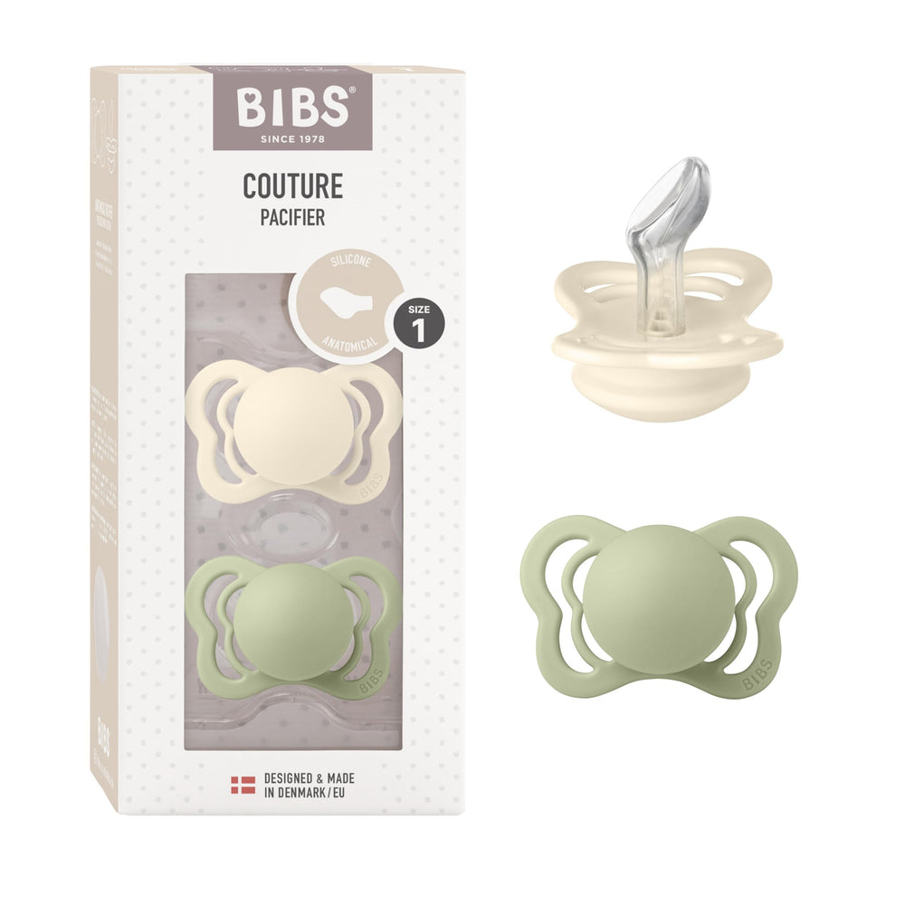BIBS Couture Ivory Sage 2-pack pacifiers provide gentle soothing with BPA-free silicone