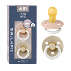 BIBS pacifiers pack-of-two in blush night and vanilla night colors for soothing versatility.