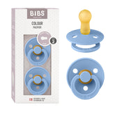 BIBS Sky Blue 2-pack pacifiers with soft latex nipple for gentle soothing.