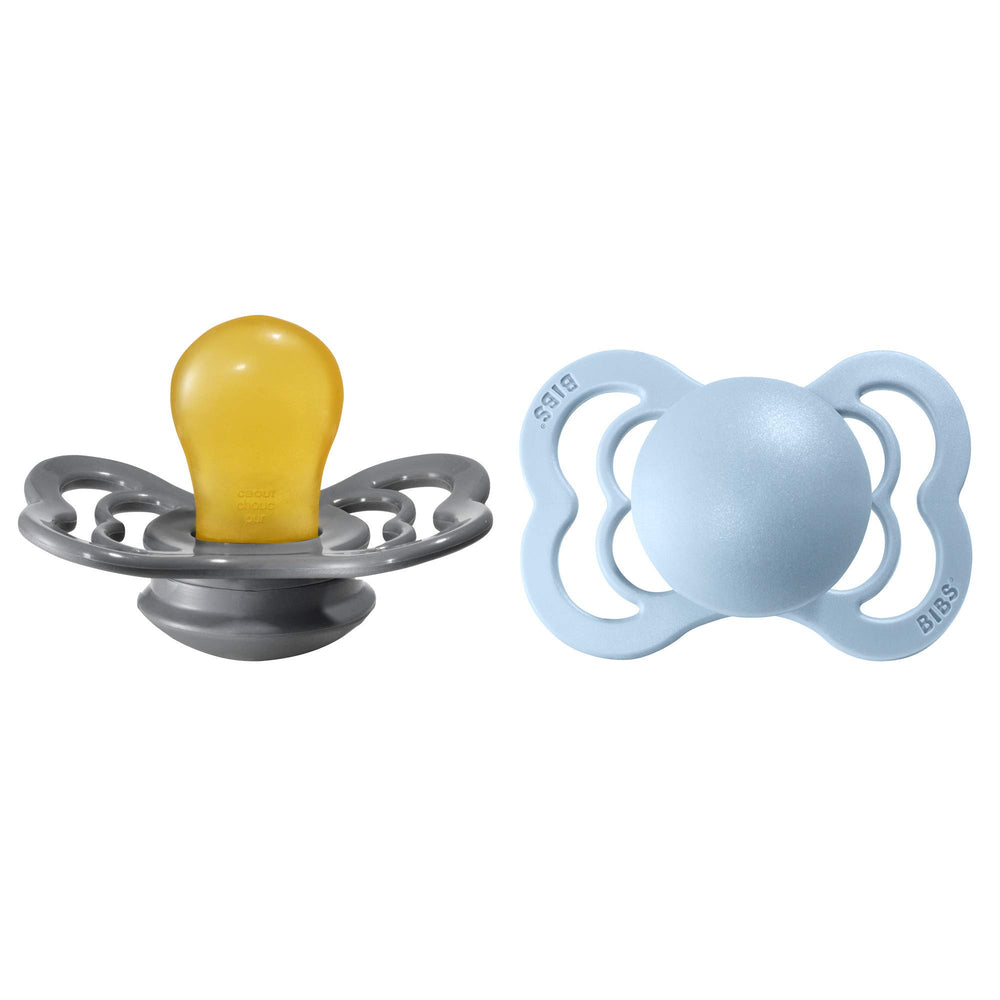 BIBS pacifiers supreme collection iron baby blue front view showing soothing design