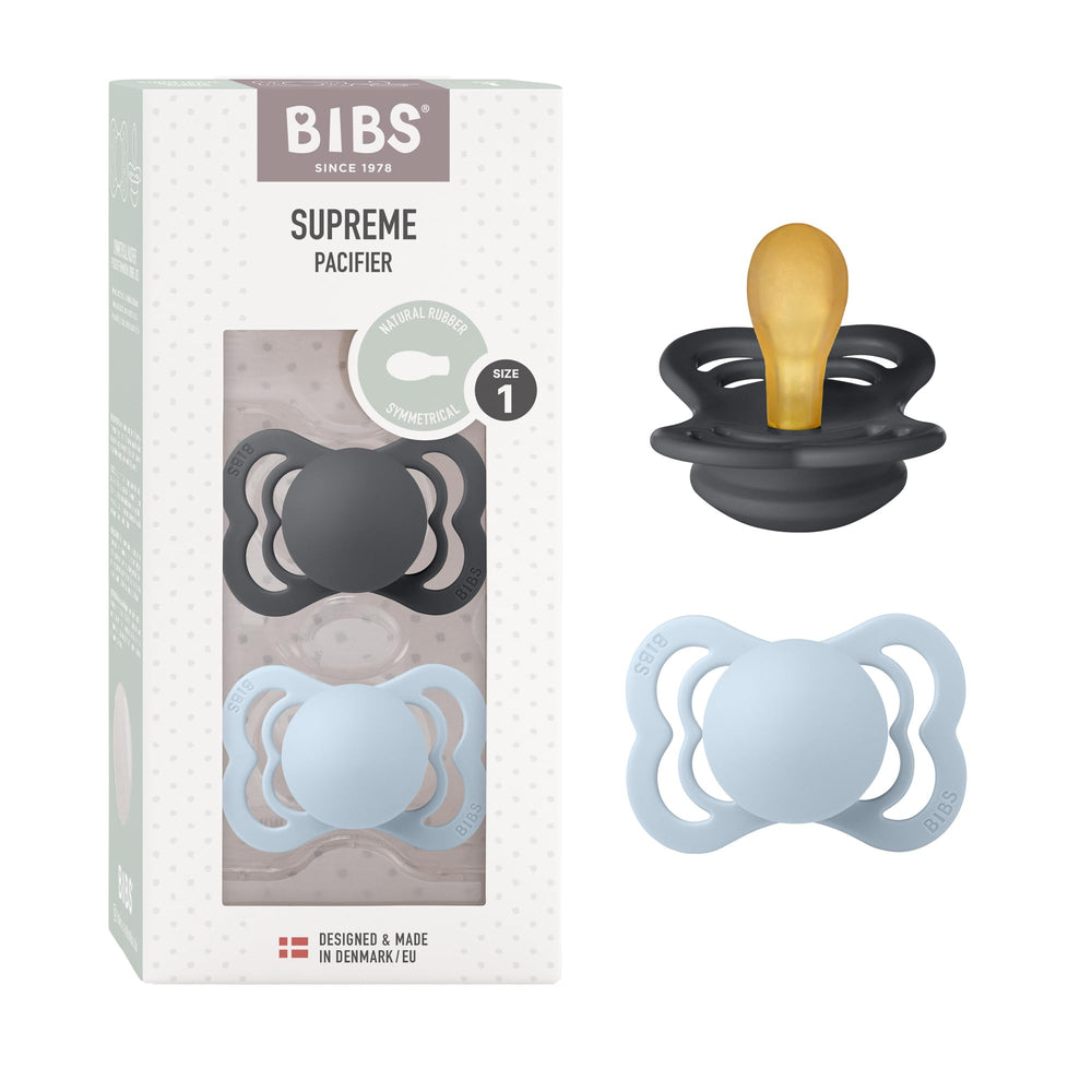 BIBS pacifiers supreme collection iron baby blue front view showing soothing design