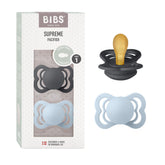 BIBS pacifiers supreme collection iron baby blue front view showing soothing design