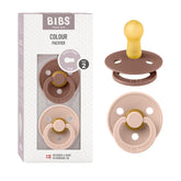 BIBS pacifiers Woodchuck Blush two-pack close-up, natural latex nipple for gentle soothing.