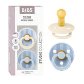 BIBS Studio Collection pacifier front view in Block Baby Blue and Dusty Blue for stylish soothing.