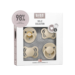 BIBS Try-It Collection 4-pack pacifiers in assorted colors for easy newborn soothing.