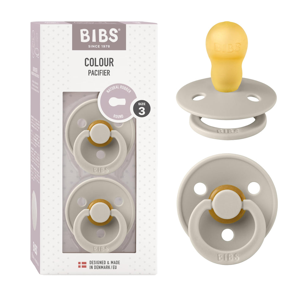 BIBS pacifiers in Sand pack of two show natural rubber comfort for soothing babies.