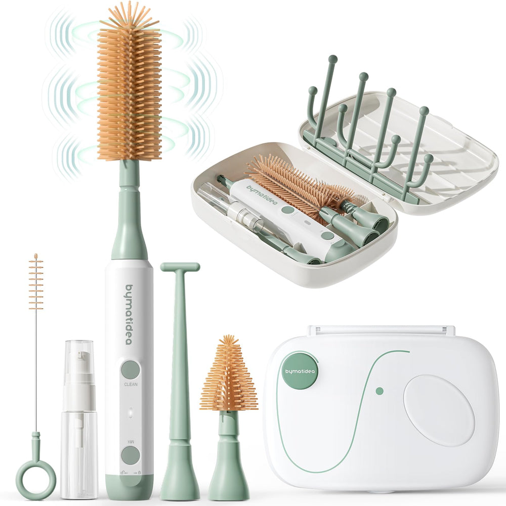 Bicboz electric baby bottle brush kit showcases 360° bottle cleaning.