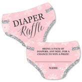 Big Dot of Happiness Pink Winter Wonderland diaper raffle ticket cards for coordinating diaper raffles at baby showers.