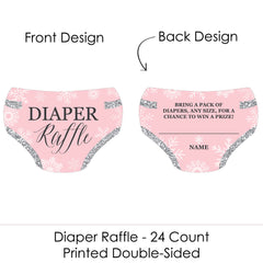 Big Dot of Happiness Pink Winter Wonderland diaper raffle ticket inserts enhance invitations and streamline gift-table fun.