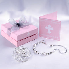 BigPig baptism pearl cross bracelet close-up with crystals for infant ceremony.