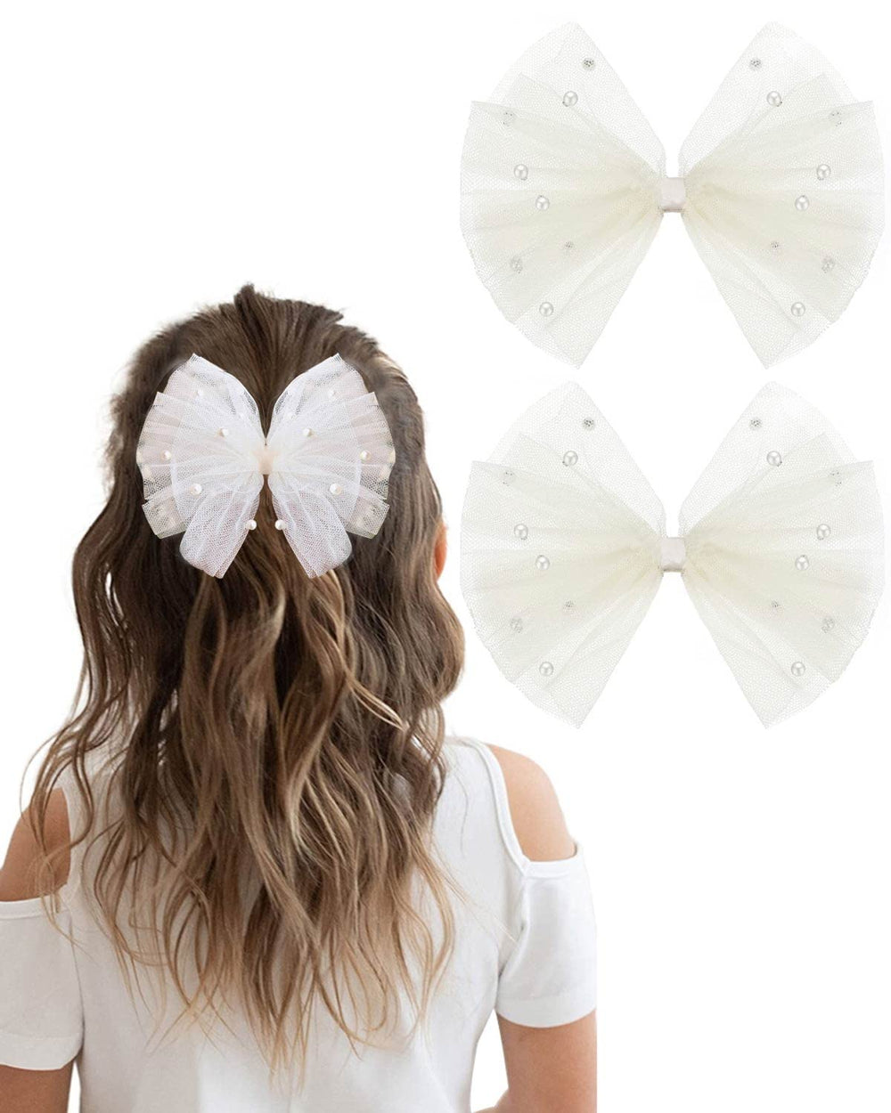BIKCZEWIN pearl hair bows ivory closeup showing mesh and pearls for elegant style