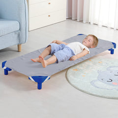 Biloban 2-pcs cot sheets 23x40 grey on a daycare cot demonstrating snug fit.