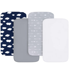 Biloban baby bassinet sheets 4-pack with secure edge for a snug fit.
