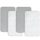 Biloban baby bassinet sheets in gray and white highlight edge-encased fit for secure, all-night use.