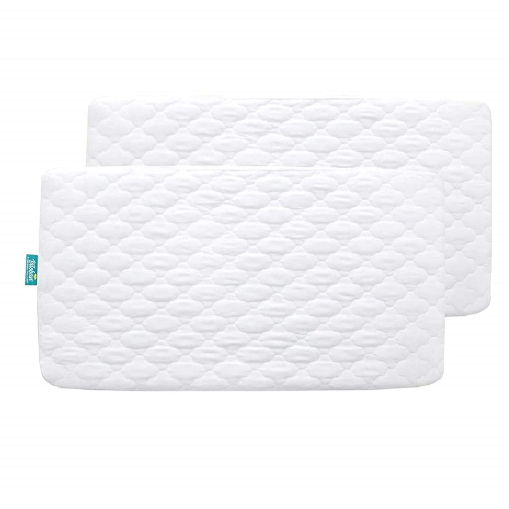 Biloban crib mattress protector fitted to 52x28 mattress for secure spill protection.