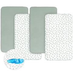 Biloban crib sheets on mattress showing 52x28 size and secure elastic