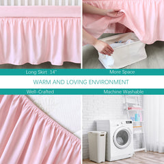 Biloban crib skirt pink pleated on-crib shows full surround coverage with four sides
