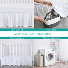 Biloban dust ruffle crib skirt keeps bedding neatly tucked and floor clean.