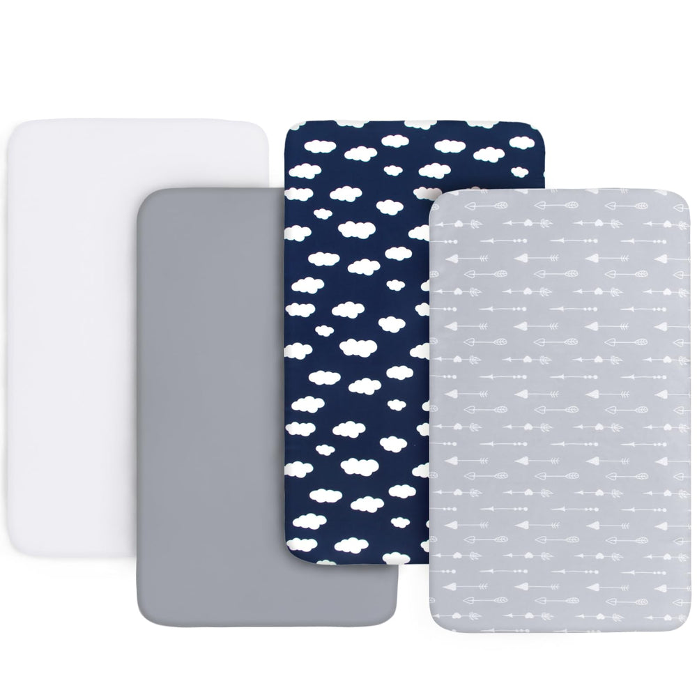 Biloban four-pack mini crib sheets packaged for easy gifting and storage