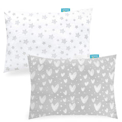 Biloban organic cotton toddler pillowcase with gray heart, gentle on sensitive skin.