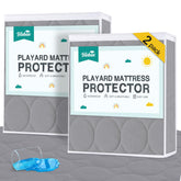 Biloban pack and play mattress protector top view in grey protects against spills and stains.