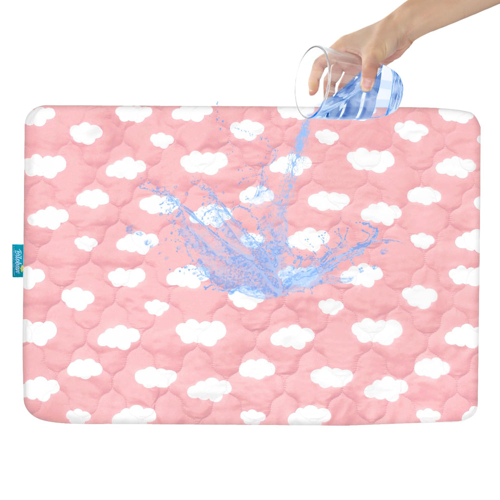 Biloban Pack and Play protector Pink Cloud, front view showing snug fit.