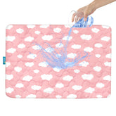Biloban Pack and Play protector Pink Cloud, front view showing snug fit.