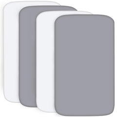 Biloban pack-and-play sheets in gray and white on a mattress provide a snug, safe surface.