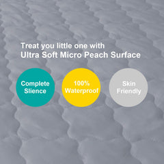 Biloban pack-n-play mattress protector gray on mattress demonstrating snug fit.