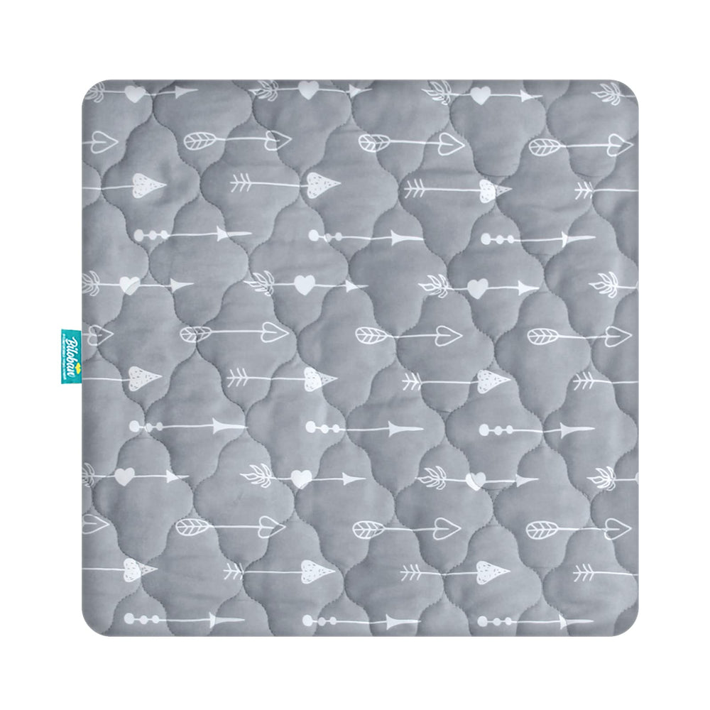 Biloban playard cover demonstrates square-fit compatibility for a snug sleep surface