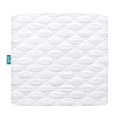 Biloban playard mattress cover square-fit closeup showing a snug secure fit for standard play yards.