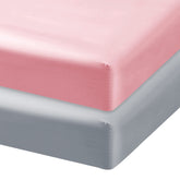 Biloban satin mini crib sheets grey pink pack cover shows ultra-soft surface for baby sleep.
