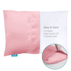Biloban satin toddler pillowcase pink envelope-closure close-up showing easy insertion and smooth hair