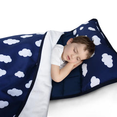 Biloban toddler nap mat folded with strap for easy daycare transport.