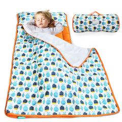 Biloban toddler nap mat with fish pattern, folded for easy transport and quick preschool rests.