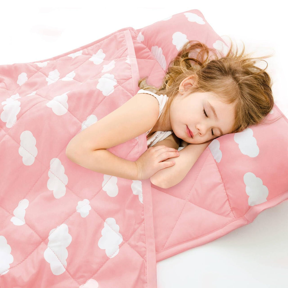 Biloban Toddler Nap Mat Pink Cloud front view shows cozy surface for naps.