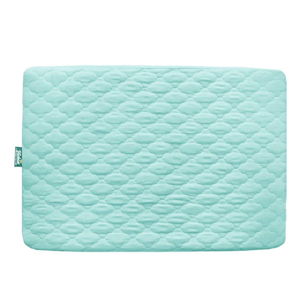 Biloban waterproof playard sheet in aqua keeps mattress dry during playtime and naps.